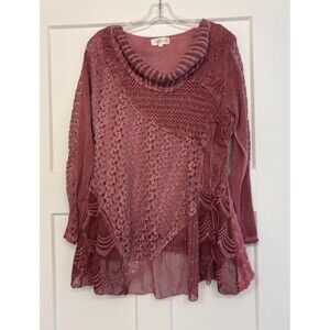 Simply Couture Long Sleeve Cowl Neck Lace Tunic Top Pink Women’s Small